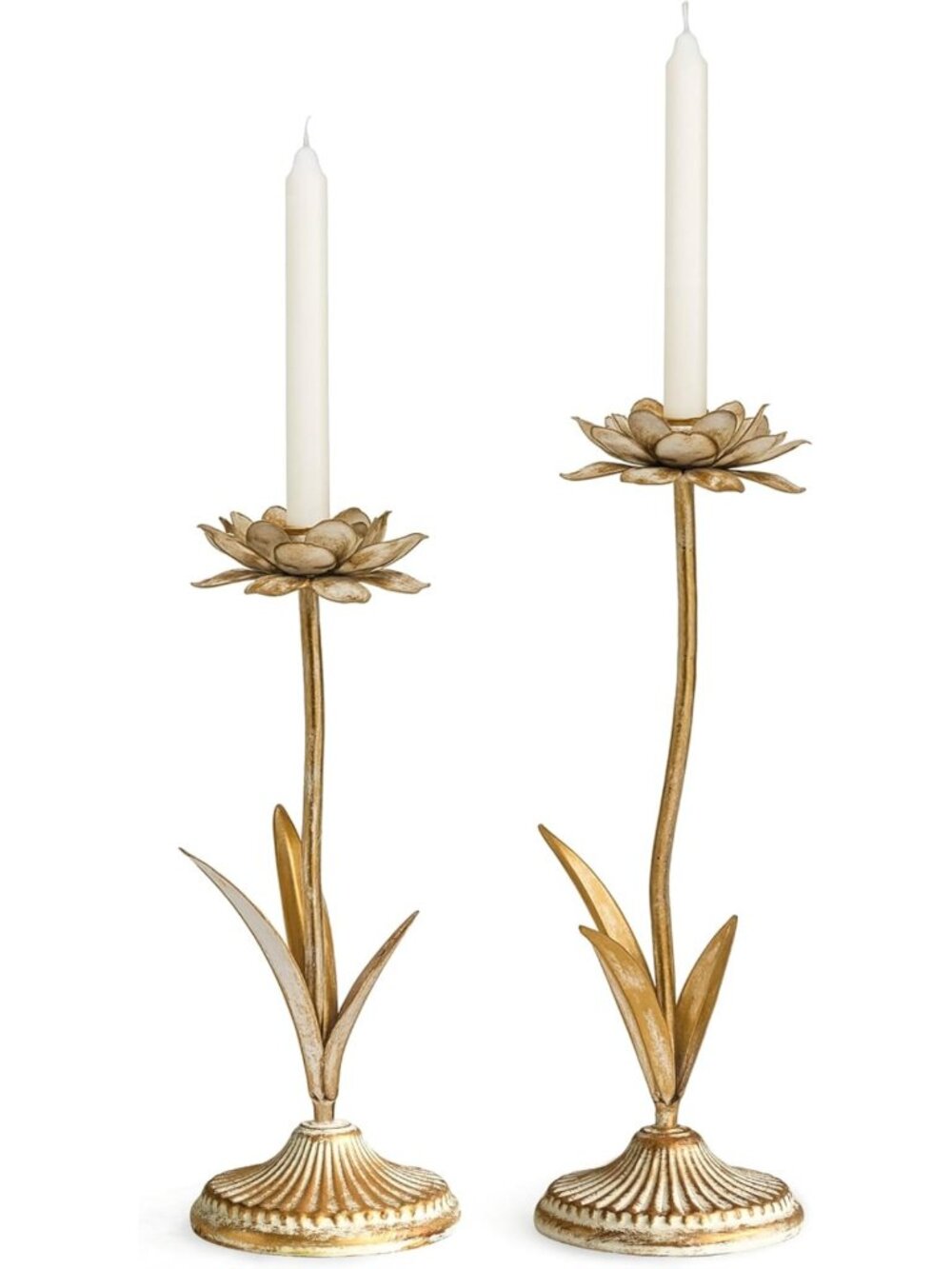 Rustic Antique Gold Flower Taper Candle Holders - Set of 2 for Wedding & Home